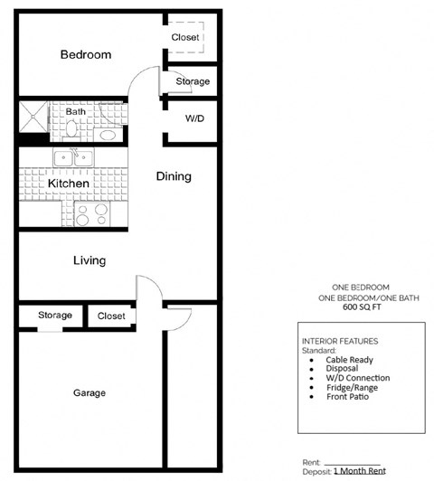 Floor plan for 1 bed, 1 bath, 600 sqft